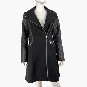 GUESS Long Faux Leather Wool-Blend Moto Coat (Black | Size S)
